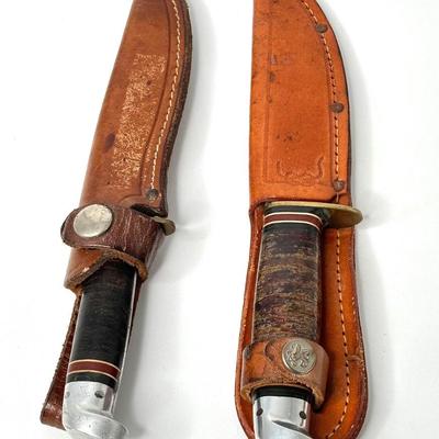 Set of 2 Vintage Boy Scout Knives with Leather Cases