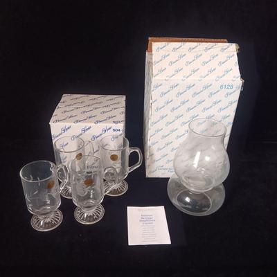 PRINCESS HOUSE 4 ETCHED CRYSTAL MUGS AND CRYSTAL TEALIGHT HOLDER