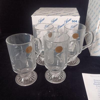 PRINCESS HOUSE 4 ETCHED CRYSTAL MUGS AND CRYSTAL TEALIGHT HOLDER