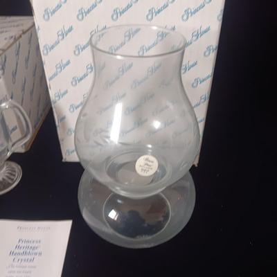 PRINCESS HOUSE 4 ETCHED CRYSTAL MUGS AND CRYSTAL TEALIGHT HOLDER