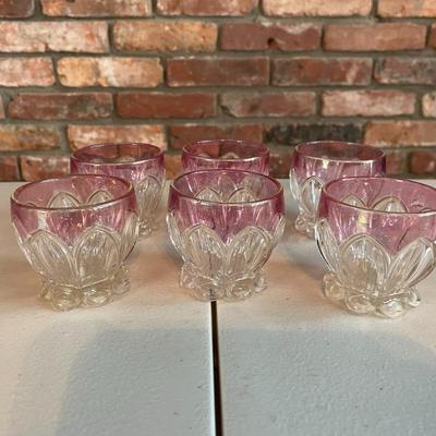 Vintage Set Of 6 Pink Tulip Crystal Glasses