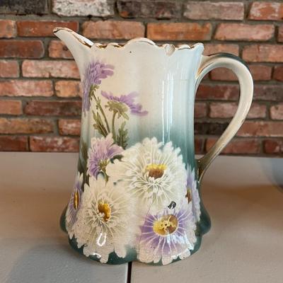 K & G Luneville France Purple Daisy Tankard Pitcher/Vase