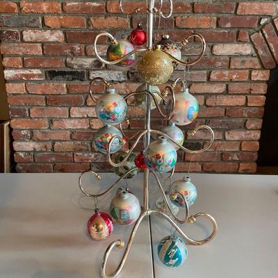Vintage Gold Metal Ornament Display Tree with Ornaments