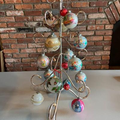 Vintage Gold Metal Ornament Display Tree with Ornaments