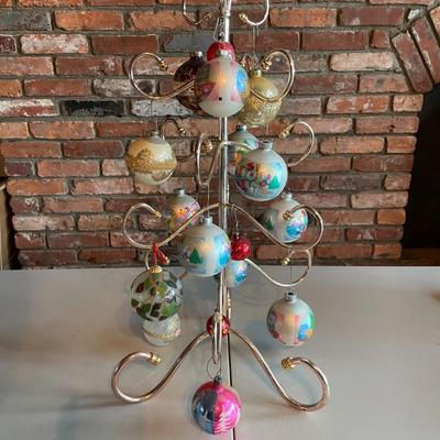 Vintage Gold Metal Ornament Display Tree with Ornaments