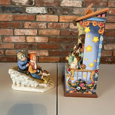 Vintage Montgomery Ward Wooden Christmas Music Box. Vintage Norman Rockwell “Downhill Racer” Figurine