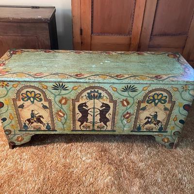 Vintage Wooden Chest with Art Detailing