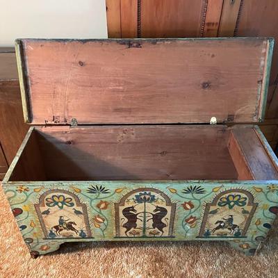 Vintage Wooden Chest with Art Detailing