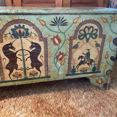 Vintage Wooden Chest with Art Detailing