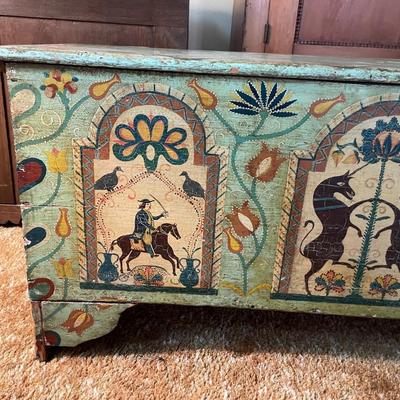 Vintage Wooden Chest with Art Detailing