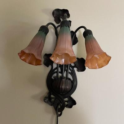 Cranberry Red Lilly Tiffany Styled Glass 3 Light Wall Sconce