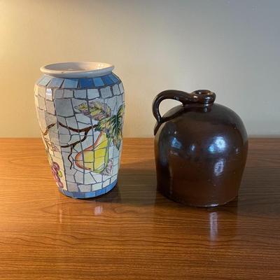 Lot of Vintage Slat Glazed Stoneware Jug and Mosaic Grape Vine Vase