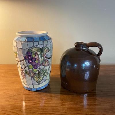 Lot of Vintage Slat Glazed Stoneware Jug and Mosaic Grape Vine Vase