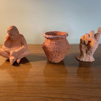 Assorted Clay Figurines and Planter