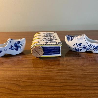 Vintage Metropolitan Museum of Art Ceramic Book Flask and Vintage Collection of Delft Blue Dutch Hand Painted Pair of Shoes