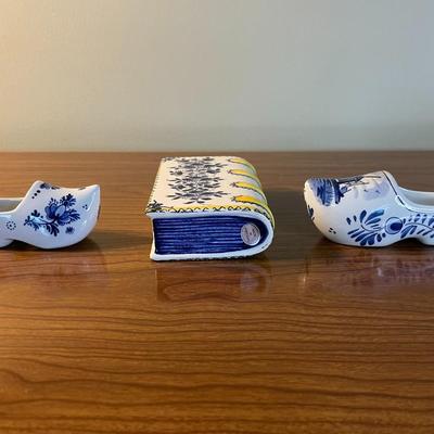 Vintage Metropolitan Museum of Art Ceramic Book Flask and Vintage Collection of Delft Blue Dutch Hand Painted Pair of Shoes