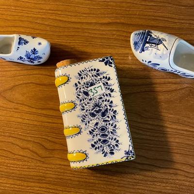 Vintage Metropolitan Museum of Art Ceramic Book Flask and Vintage Collection of Delft Blue Dutch Hand Painted Pair of Shoes