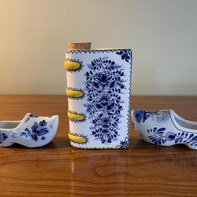 Vintage Metropolitan Museum of Art Ceramic Book Flask and Vintage Collection of Delft Blue Dutch Hand Painted Pair of Shoes