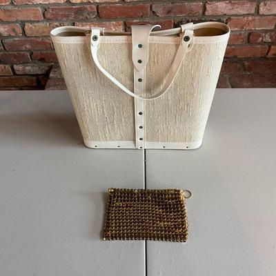 Women’s bags. Vintage 1960s “Jewel Tone” Label Canvas Tote and 1960s Gold Beaded Clutch