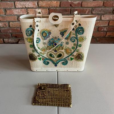 Women’s bags. Vintage 1960s “Jewel Tone” Label Canvas Tote and 1960s Gold Beaded Clutch