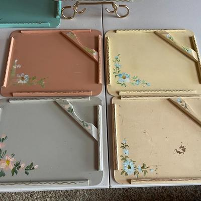 Vintage 40s Set of 4 Antique Jerywill Japan Wood Toleware Tea Trays. Hand Painted