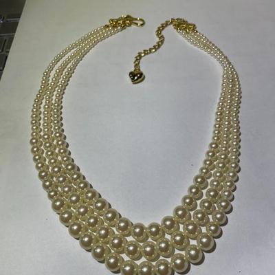 Vintage Signed Carolee Triple-Strand Graduated Lustrous Faux White Pearl w/Gold-tone Clasp Adjustable Necklace in VG Condition.