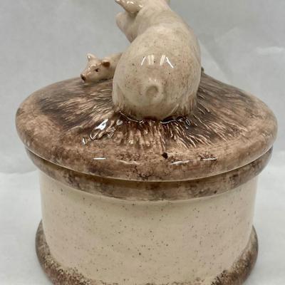 Ceramic Pig Piggy Mom & Baby - Large Round Trinket Box