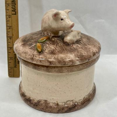 Ceramic Pig Piggy Mom & Baby - Large Round Trinket Box