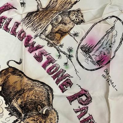 Yellowstone Park Vintage Souvenir Scarf Buffalo Bear Cowboys Western Art 30" square
