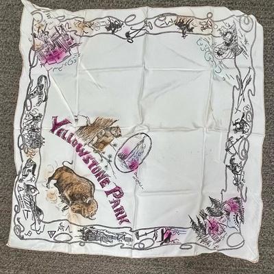 Yellowstone Park Vintage Souvenir Scarf Buffalo Bear Cowboys Western Art 30" square