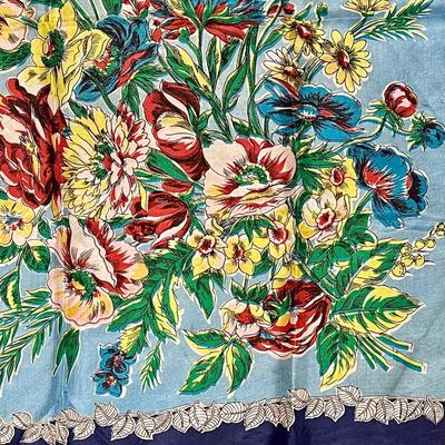 Blue scarf with multi-colored Floral Bouquet 30" square