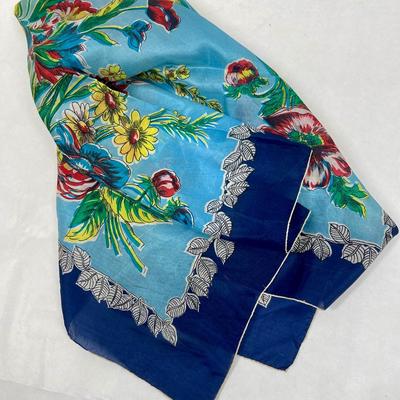 Blue scarf with multi-colored Floral Bouquet 30" square