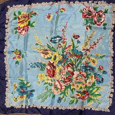 Blue scarf with multi-colored Floral Bouquet 30" square