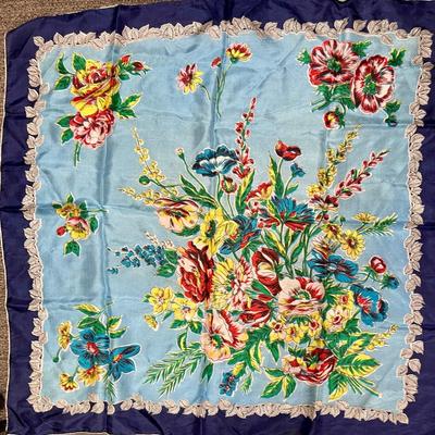 Blue scarf with multi-colored Floral Bouquet 30" square