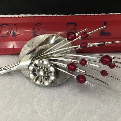 SilverTone Brooch Silver Spray with Pomegranate Color Beads