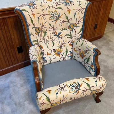 Mahogany Stitched Floral Upholstered Wingback Chair ~ *Read Details