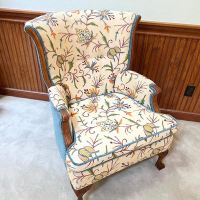 Mahogany Stitched Floral Upholstered Wingback Chair ~ *Read Details