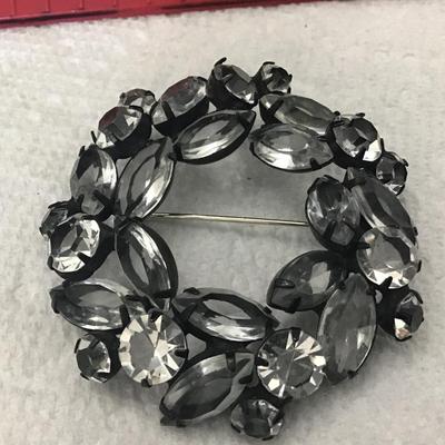 Clear Rhinestone Brooch Black Japanned setting Domed open back Crystal Wreath Pin