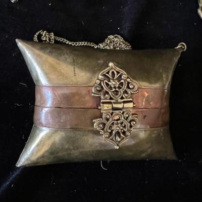 UNIQUE BRASS PURSE, 2 VASES, NECKLACE, HAND MIRROR AND TIARA
