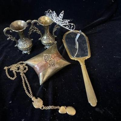 UNIQUE BRASS PURSE, 2 VASES, NECKLACE, HAND MIRROR AND TIARA