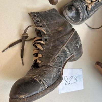 Antique Primitive Doll cradle & baby shoes
