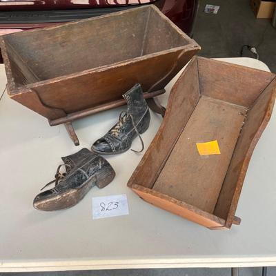 Antique Primitive Doll cradle & baby shoes