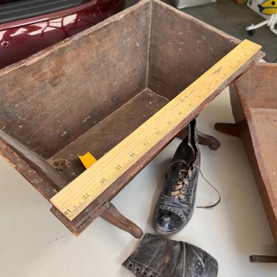 Antique Primitive Doll cradle & baby shoes