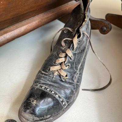 Antique Primitive Doll cradle & baby shoes