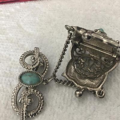 Vintage Silver Metal Filigree Trinket Box Locket Turquoise Color Stone Brooch