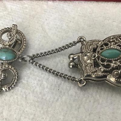 Vintage Silver Metal Filigree Trinket Box Locket Turquoise Color Stone Brooch