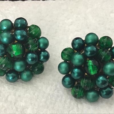 Vintage Peacock Green Glass and Bead Clip on Earrings. Japan