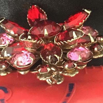 Red & Pink Rhinestone Large Vintage Brooch Pin