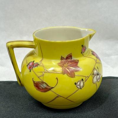 Small Yellow Porcelain Pitcher with Pink flowers and White flowers made in Japan