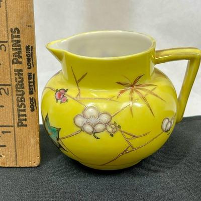Small Yellow Porcelain Pitcher with Pink flowers and White flowers made in Japan
